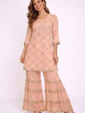 Peach Sequin Lattice Tunic with Button Placket and matching pants set